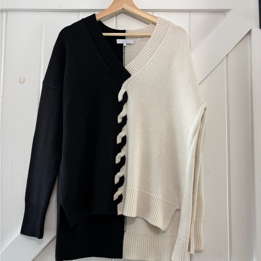 Pearl by Lela Rose Black Cream Yin Yang Wool Cashmere Blend oversized sweater S - Picture 3 of 10